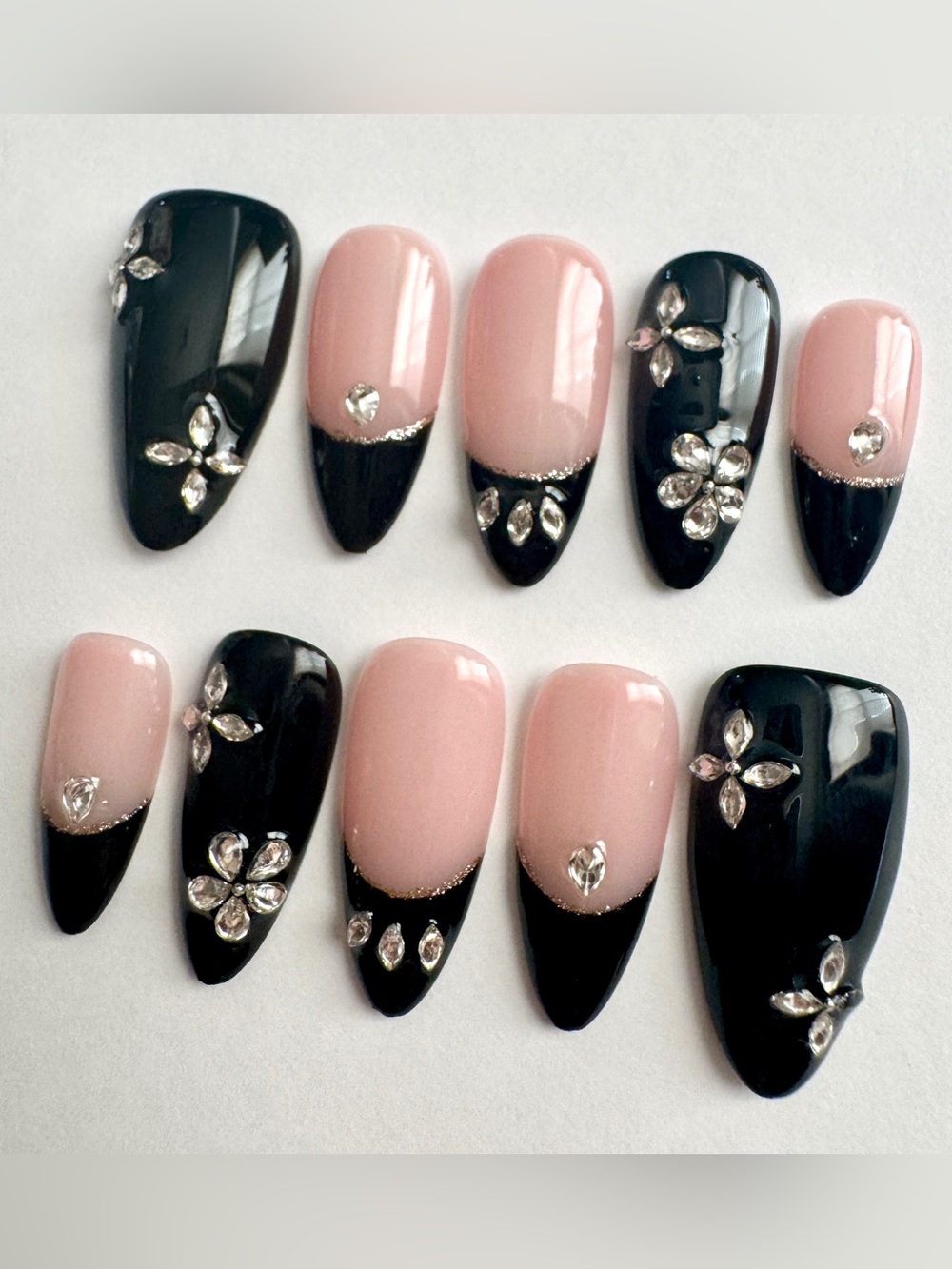Elegant Black & Nude Rhinestone Press-On Nails